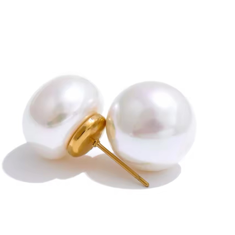 Simulated 12mm Pearls Round Stud Earrings Versatile Stainless Steel Fashion PVD